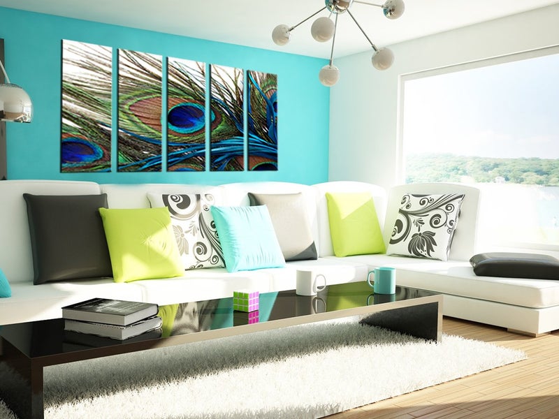 CANVASZON Wall Art for Living Room Bedroom Decoration Peacock Painting Canvas Print Framed Art Animal Feather Plume Modern Art for Office Wall DÃ©cor Teal Blue Green 5 Panels Large Size - Image 2